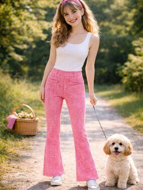 Zara red gingham cropped flare pants high rise XS retro summer picnic fit